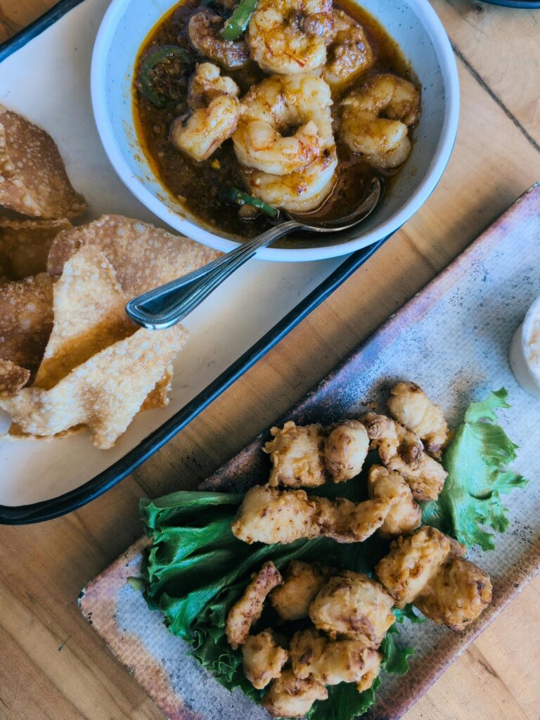 A mouthwatering seafood platter featuring fried shrimp and accompaniments perfect for a southern feast.